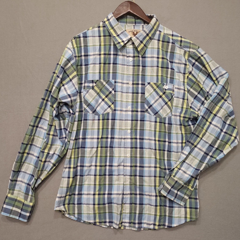 American Heritage Mens Blue Plaid Long Sleeve‎ Button Up Shirt Size XL